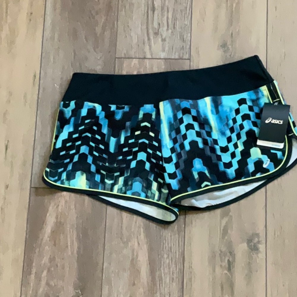 ASICS Women's Geometric Black and Blue Athletic Shorts